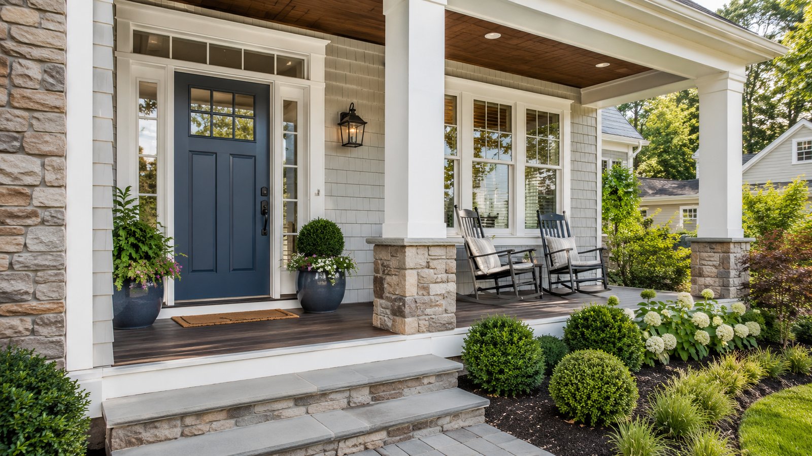 Welcoming front porch of a well-kept suburban home